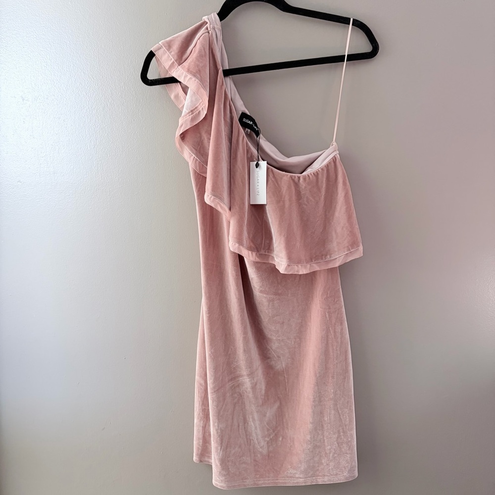 NWT Sugar + Lips Rose Pink Velvet One Shoulder Ruffle Mini Dress Size Large - Picture 2 of 8